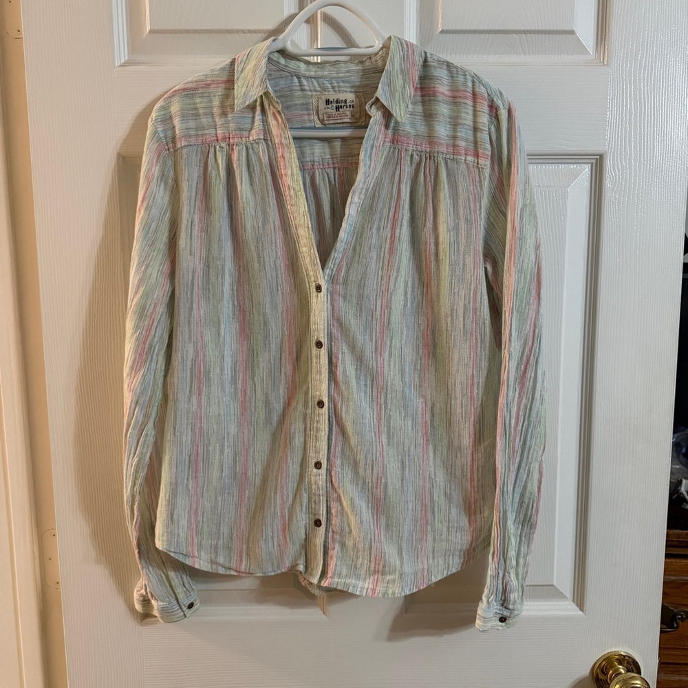 Holding Horses Anthropologie Pastel Stripe Gauze Button Down Shirt Size 12
